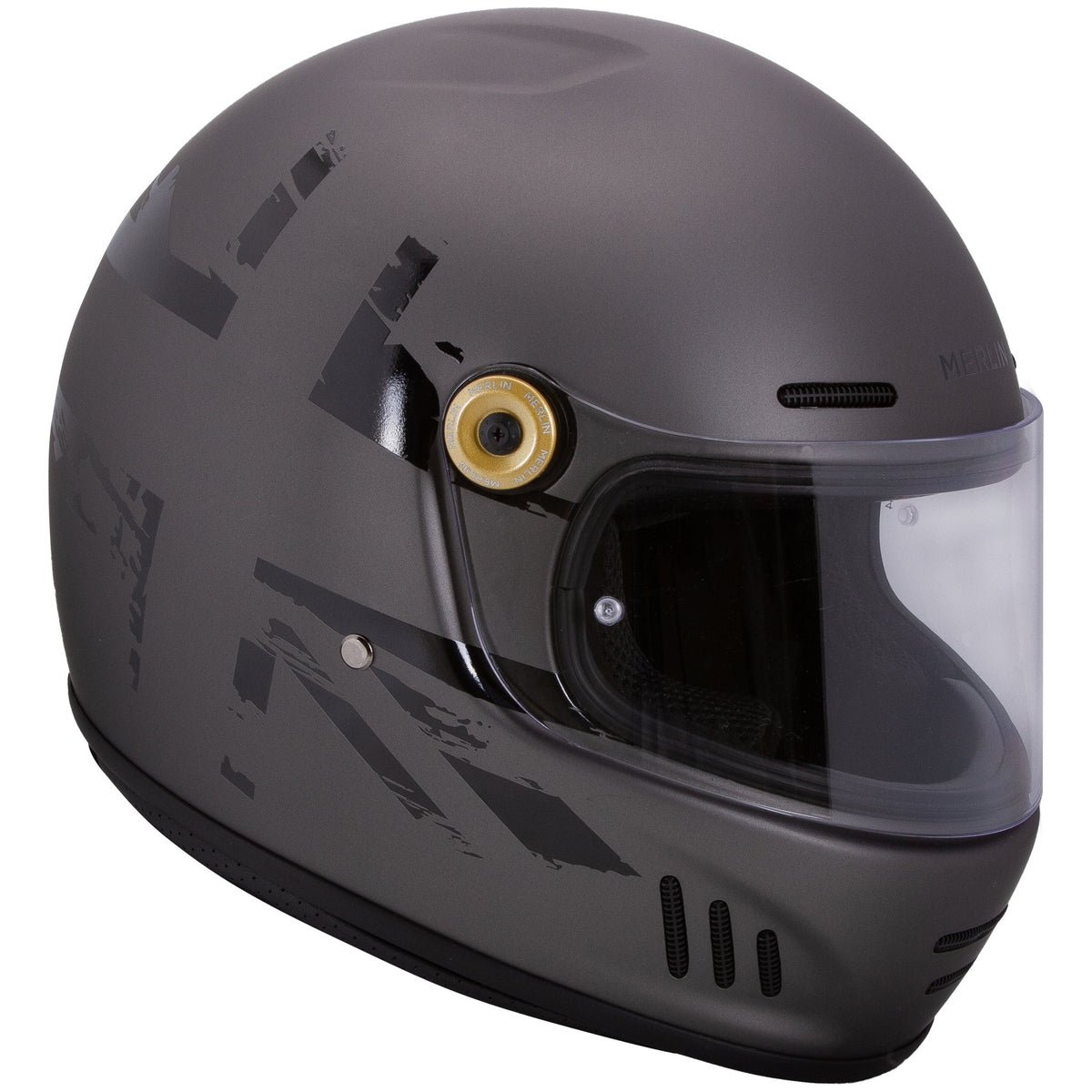 Merlin Revival Union Grey full-face motorcycle helmet, front-right three-quarter view