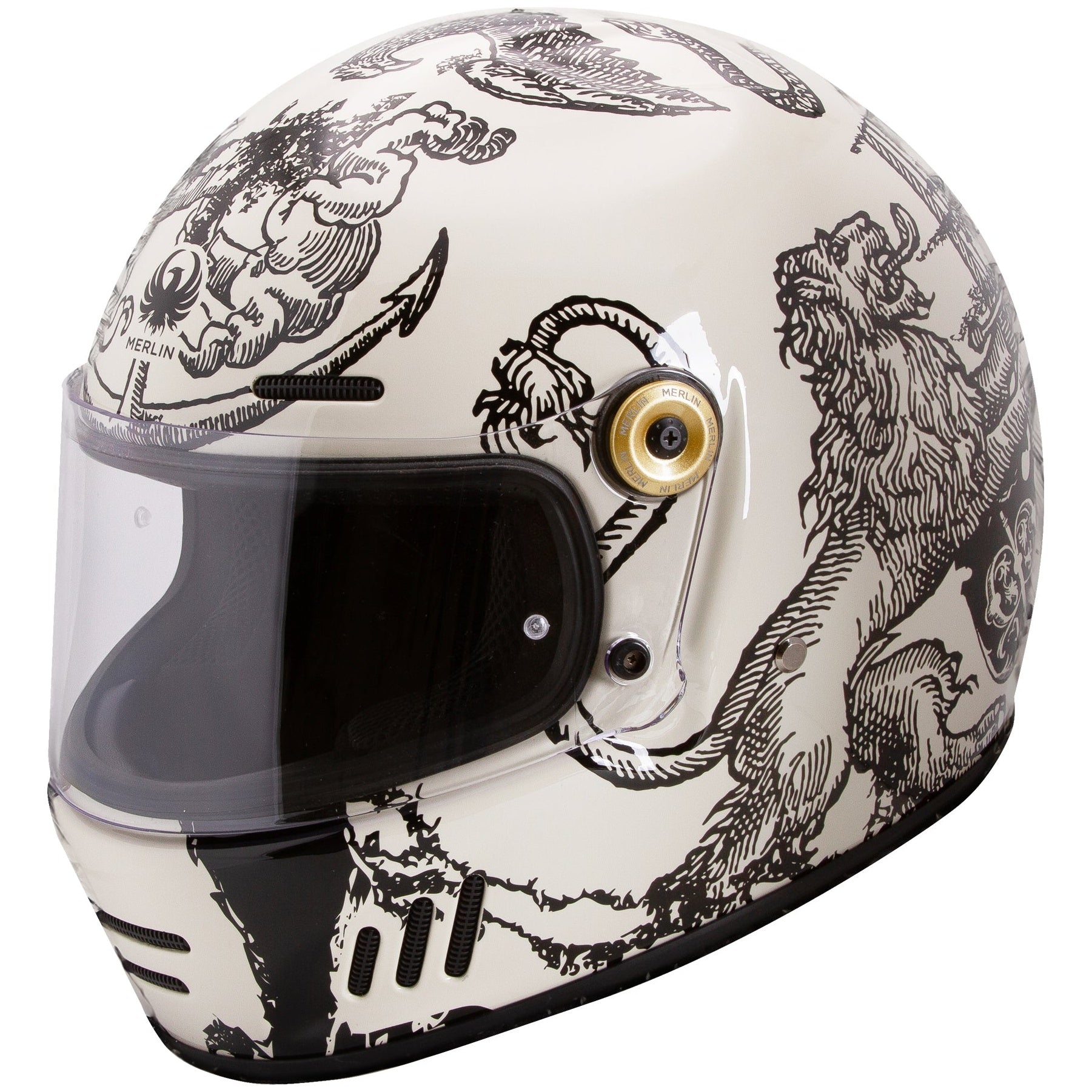Merlin Revival Versus Off-White full-face motorcycle helmet, left-side profile