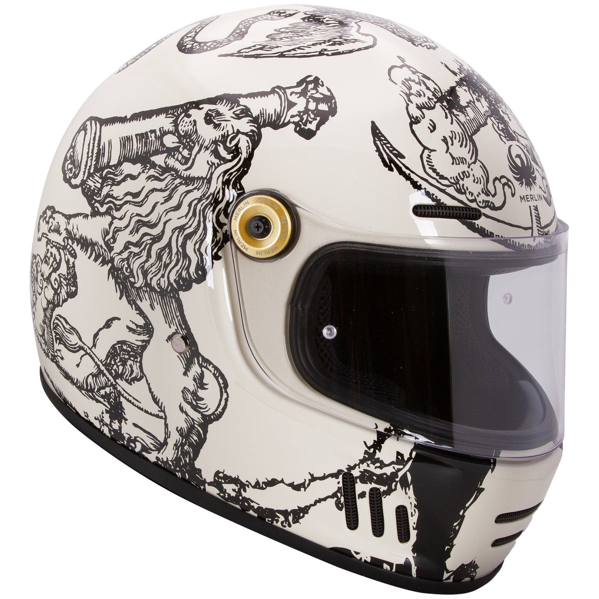 Merlin Revival Versus Off-White full-face motorcycle helmet, right-side profile