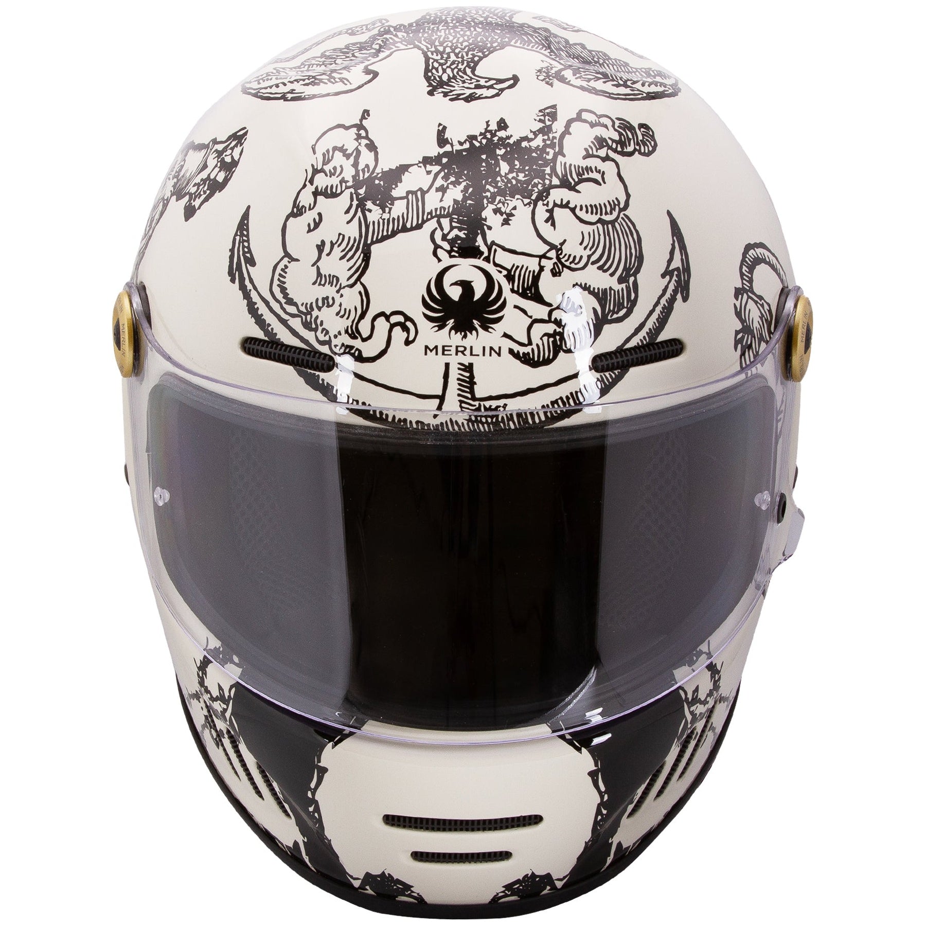 Merlin Revival Versus Off-White full-face motorcycle helmet, front view