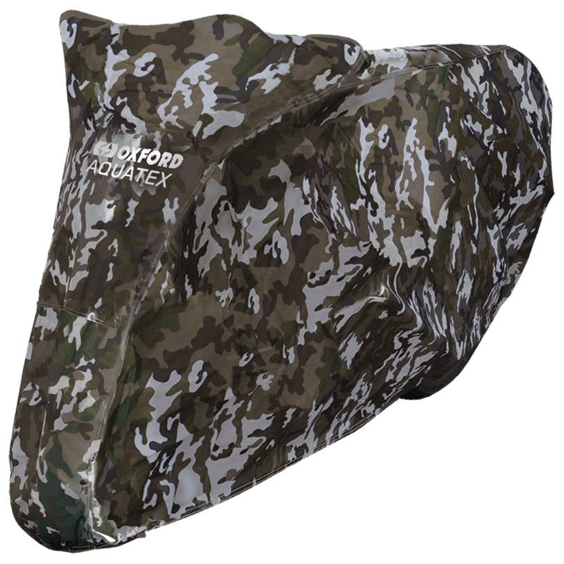 Oxford Aquatex Camo - camo motorcycle cover fitted view