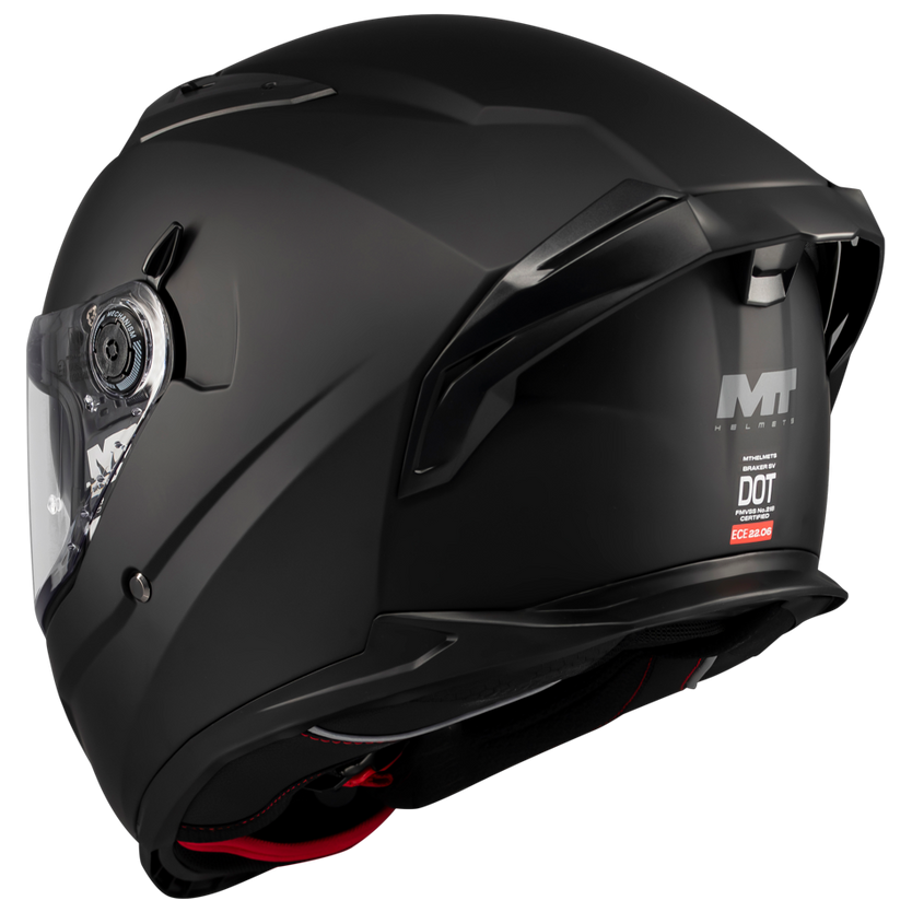 MT Helmets Braker SV Pure A1 Matt Black motorcycle helmet, rear three-quarter view