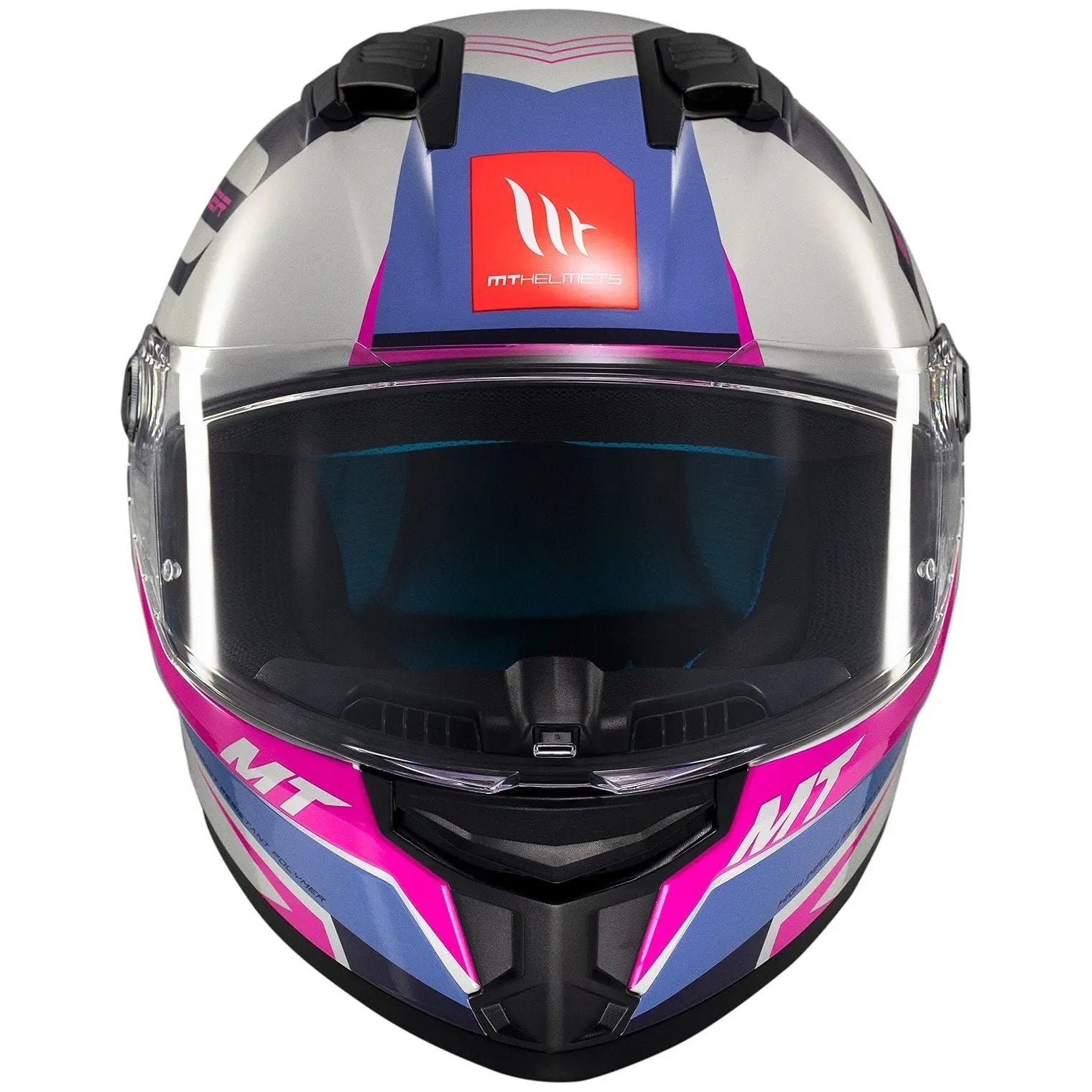 MT Helmets Stinger 2 Tron C8 Gloss Pink / Purple full-face motorcycle helmet, front view