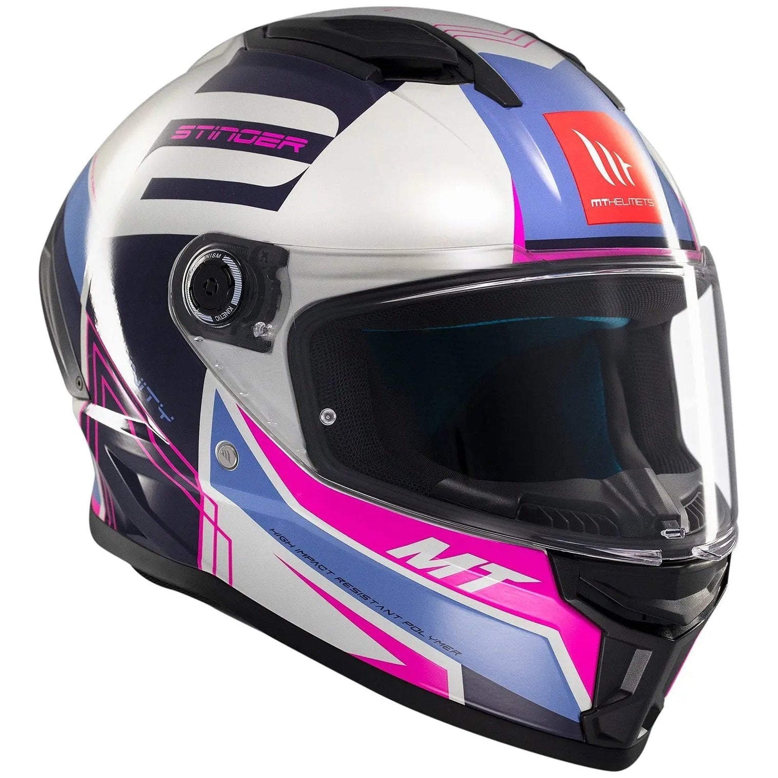 MT Helmets Stinger 2 Tron C8 Gloss Pink / Purple full-face motorcycle helmet, front-left three-quarter view
