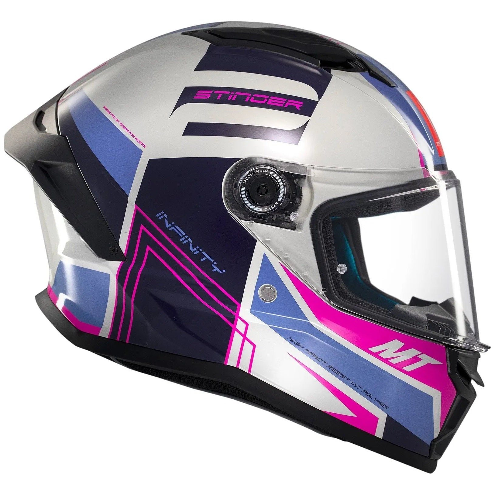 MT Helmets Stinger 2 Tron C8 Gloss Pink / Purple full-face motorcycle helmet, left-side profile