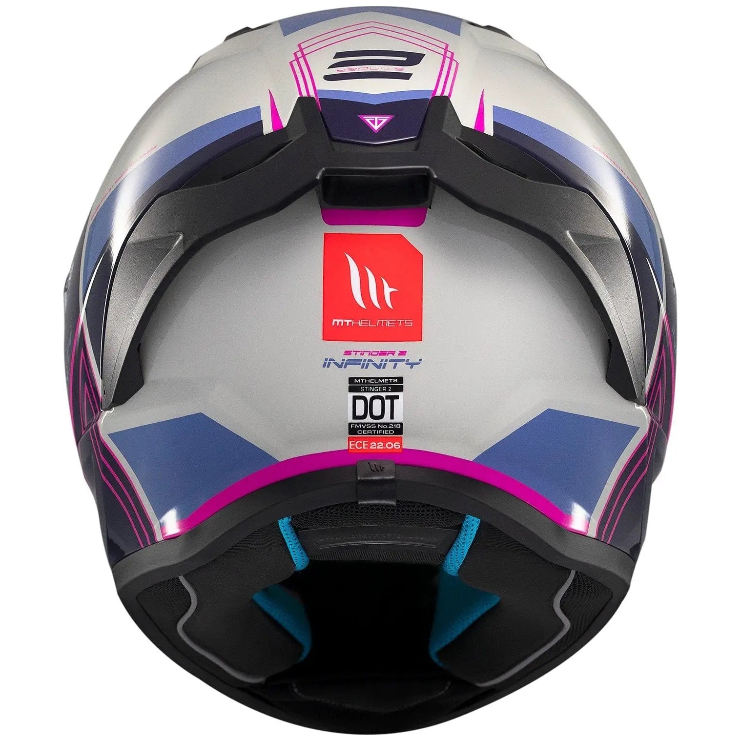 MT Helmets Stinger 2 Tron C8 Gloss Pink / Purple full-face motorcycle helmet, rear view
