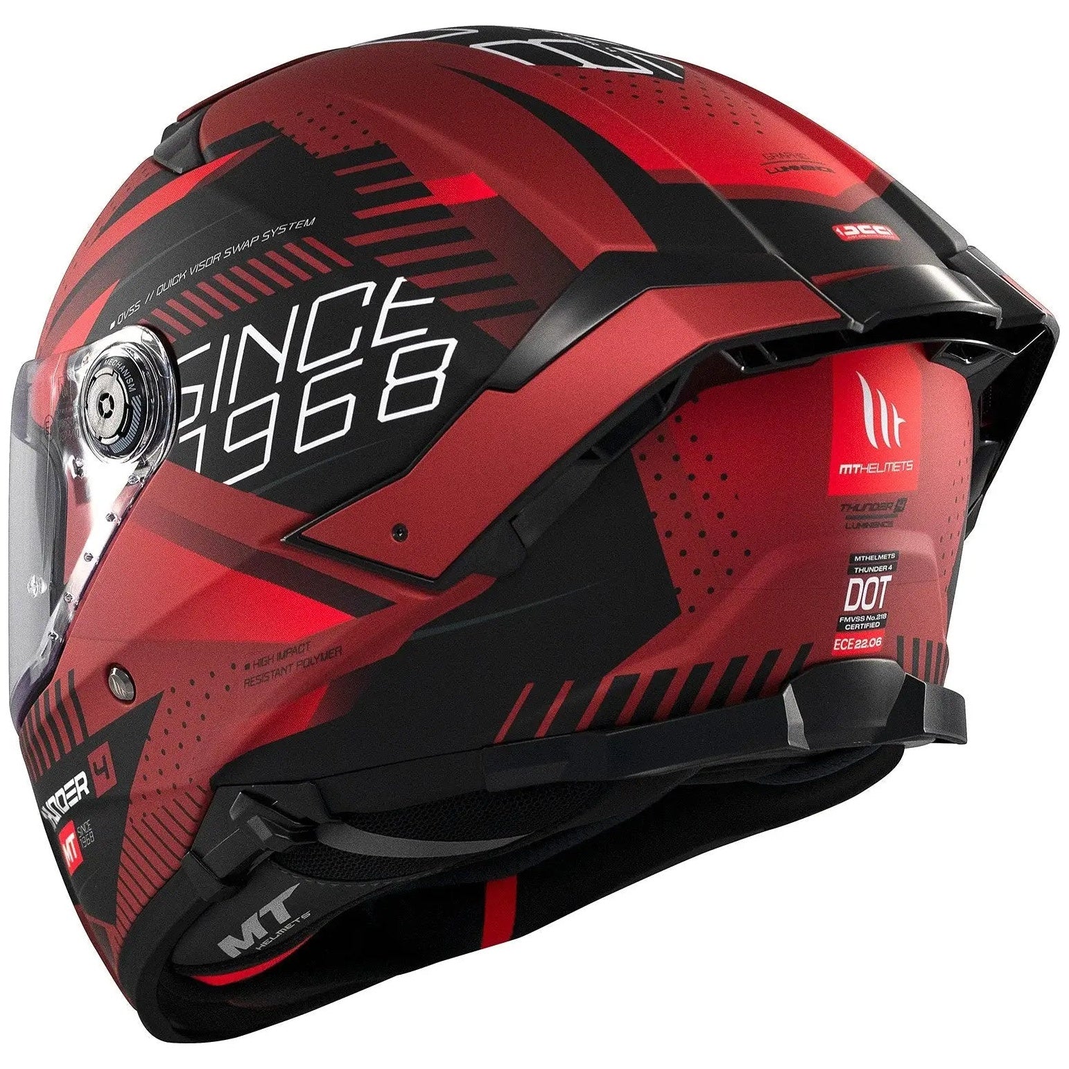 MT Helmets Thunder 4 SV Lumin D5 Matt Red full-face motorcycle helmet, rear-right three-quarter view