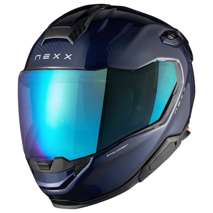 Nexx X.TR Atlantic Carbon / Blue motorcycle helmet, iridium visor front view