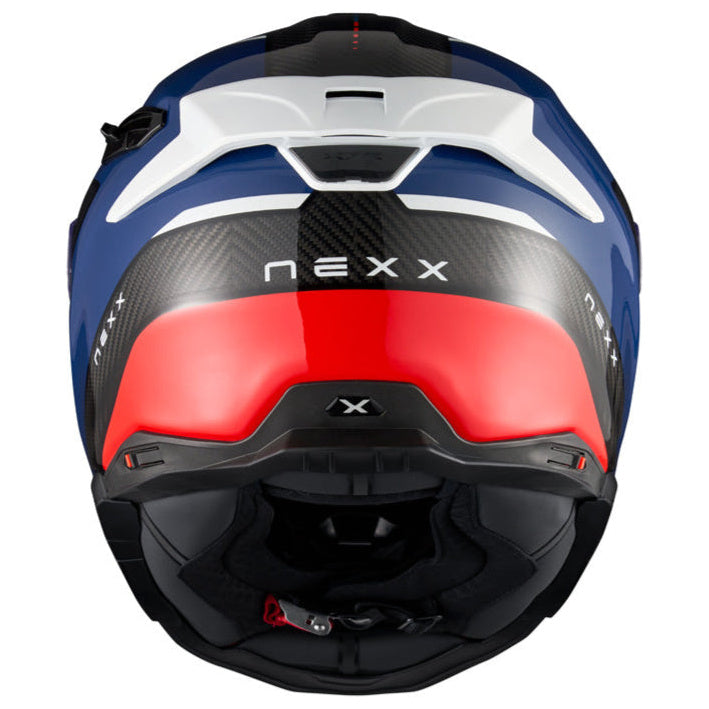 Nexx X.TR Rush Blue / Red motorcycle helmet, rear view