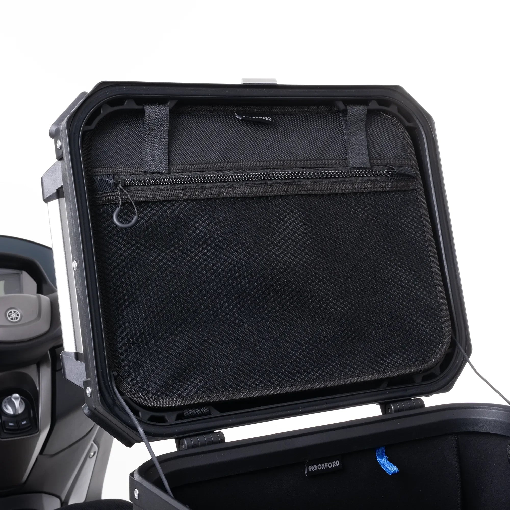 Oxford Roamer Top Box Black - open lid and internal mesh pocket view