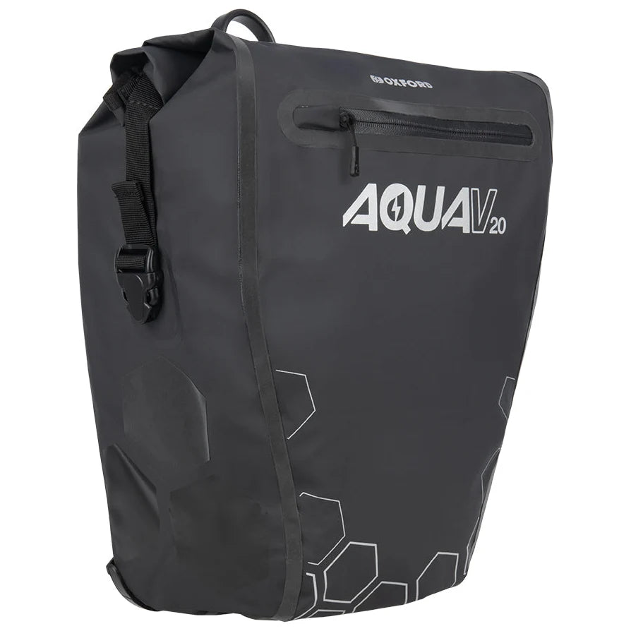 Oxford Aqua V20 Single QR Pannier Bag Black - 20 Litres angled view on a white background