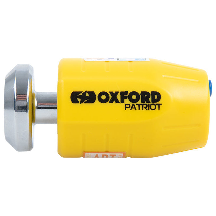 Oxford Patriot 14mm Pin Disc Lock Yellow motorcycle disc lock product view on a white background