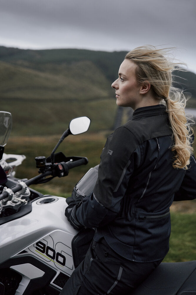 Richa Eternity Ladies Textile Jacket Black, worn rear three-quarter riding view