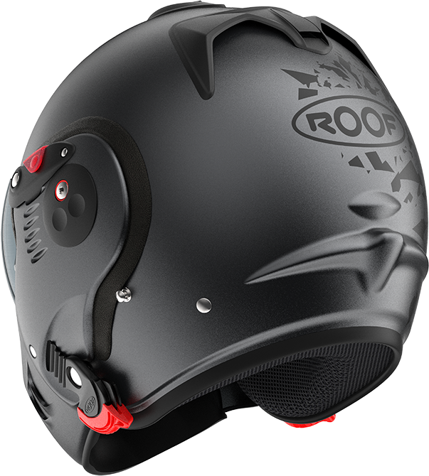 Roof RO5 Boxer Alpha Blackstar Matt Graphite rear-left three-quarter view in full-face configuration