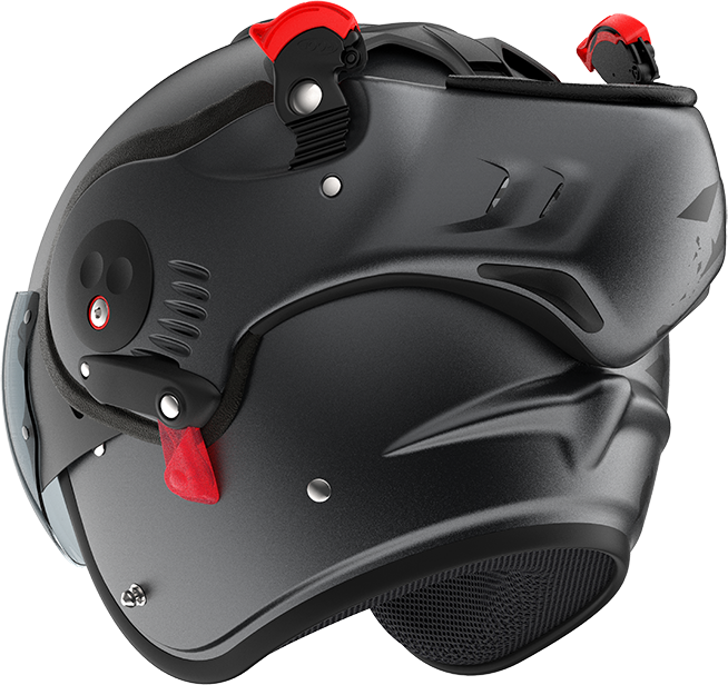 Roof RO5 Boxer Alpha Blackstar Matt Graphite rear-left three-quarter view in open-face configuration