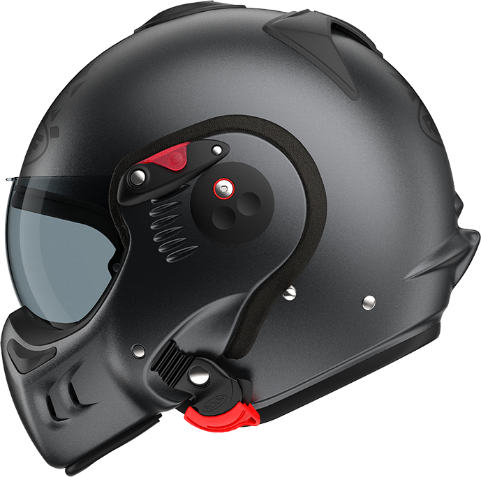 Roof RO5 Boxer Alpha Blackstar Matt Graphite left-side view in full-face configuration