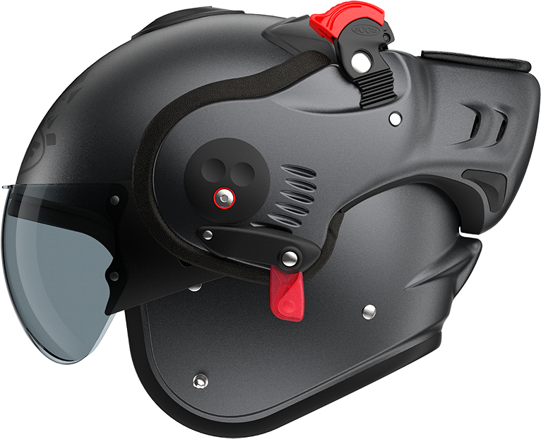 Roof RO5 Boxer Alpha Blackstar Matt Graphite left-side view in open-face configuration