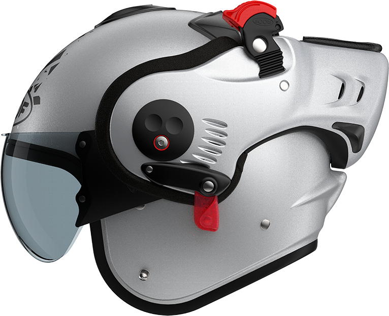 Roof RO5 Boxer Alpha Blackstar Silver / White left-side view in open-face configuration