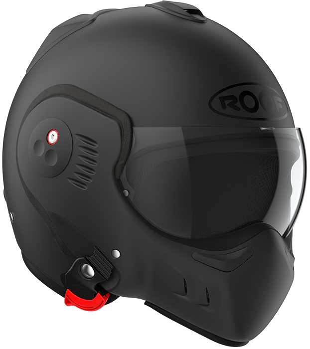 Roof RO5 Boxer Alpha Matt Black front-right three-quarter view in full-face configuration