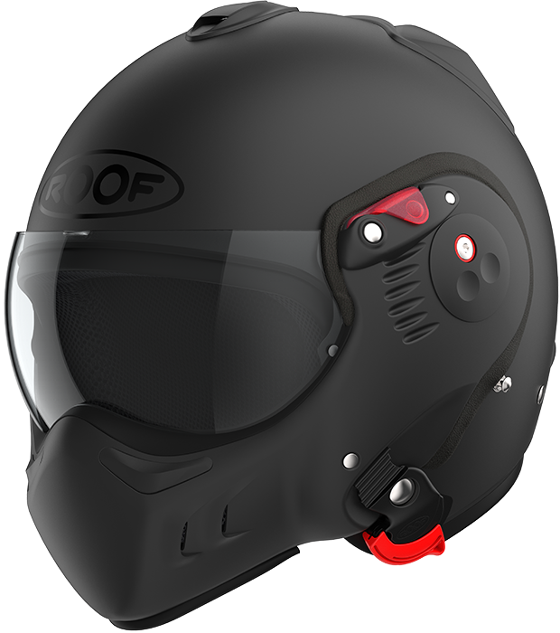 Roof RO5 Boxer Alpha Matt Black front-left three-quarter view in full-face configuration