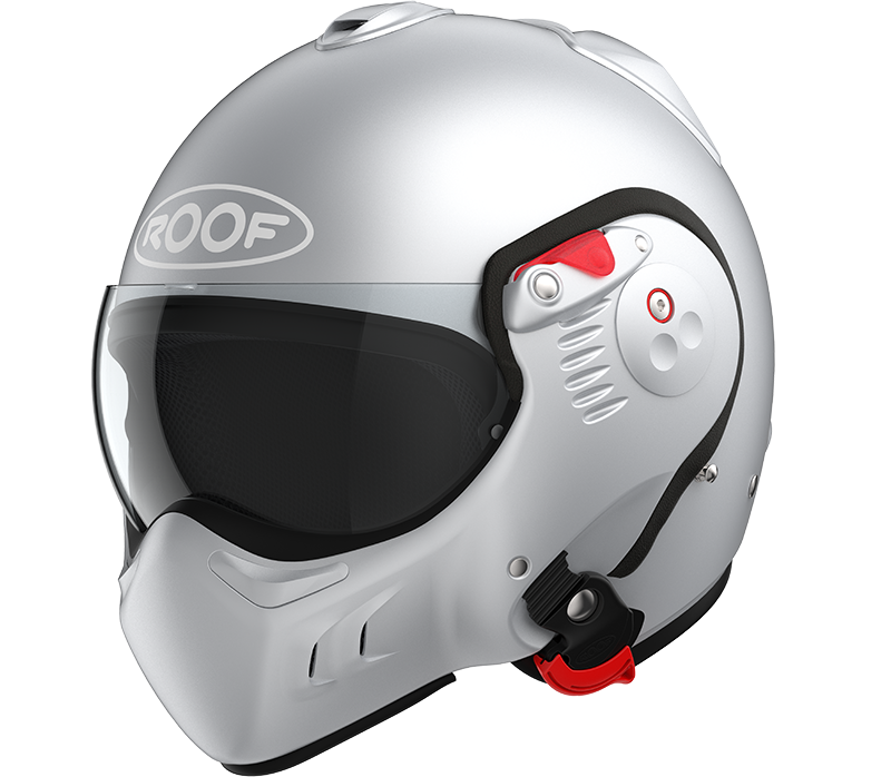 Roof RO5 Boxer Alpha Matt Silver / White front-left three-quarter view in full-face configuration