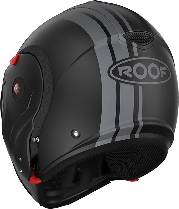 Roof RO9 Boxxer 2 Stripes Matt Black / Metal rear-left three-quarter view, full-face configuration