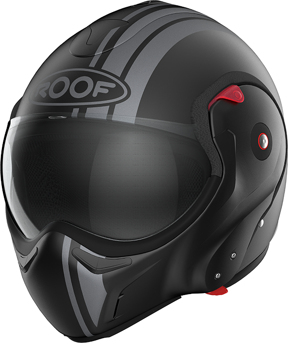 Roof RO9 Boxxer 2 Stripes Matt Black / Metal front-left three-quarter view, full-face configuration
