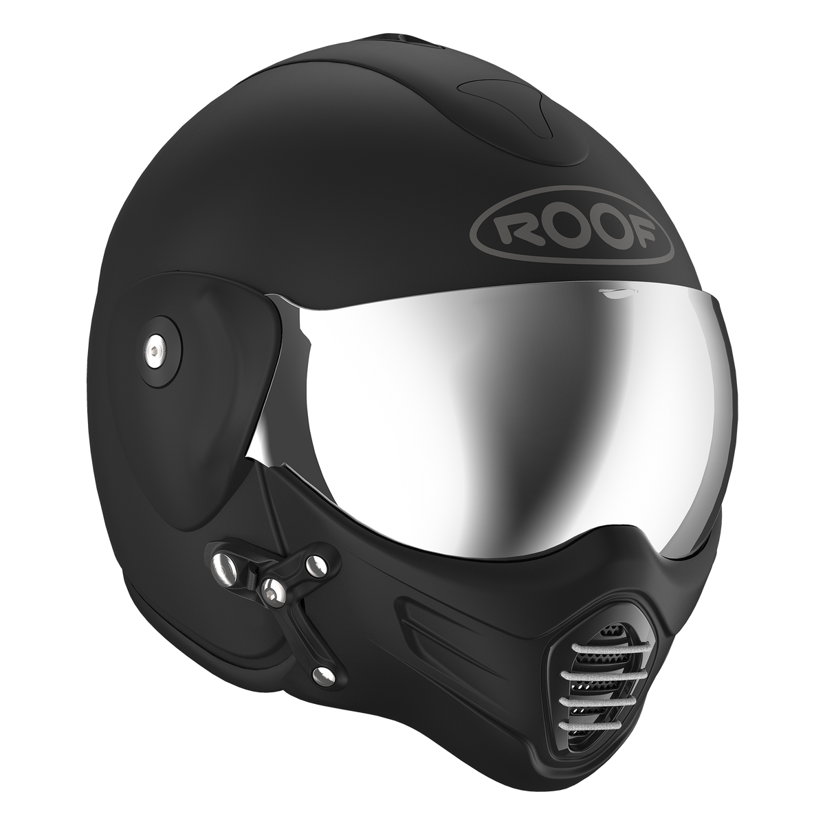 Roof RO9 Roadster Iron Matt Black / Silver motorcycle helmet, front view with silver visor