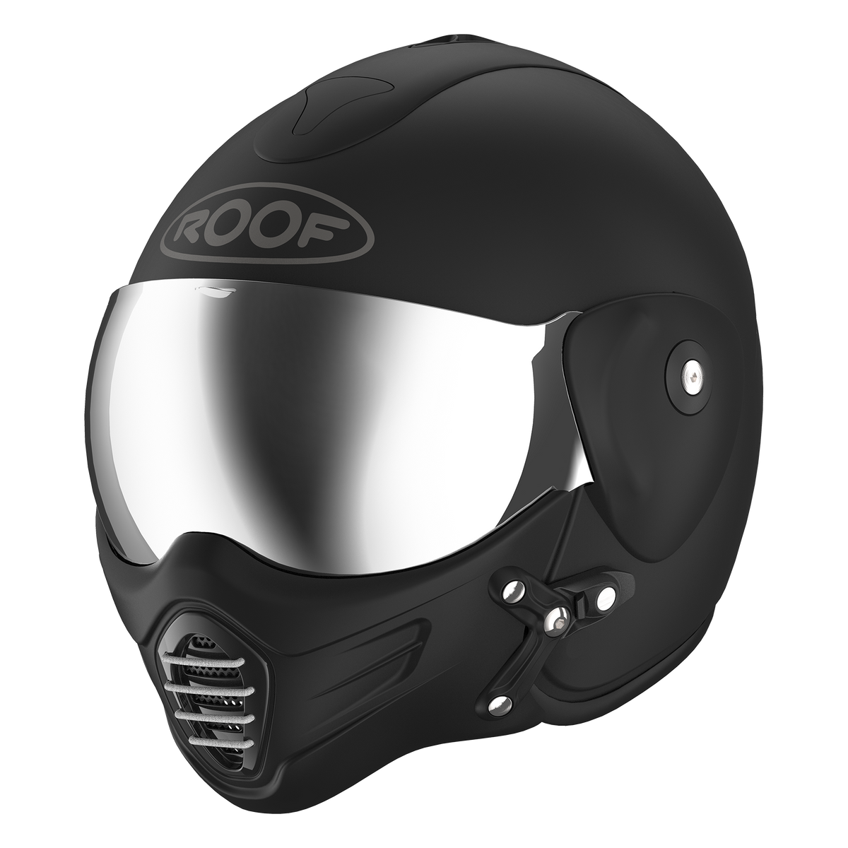 Roof RO9 Roadster Iron Matt Black / Silver motorcycle helmet, front three-quarter view