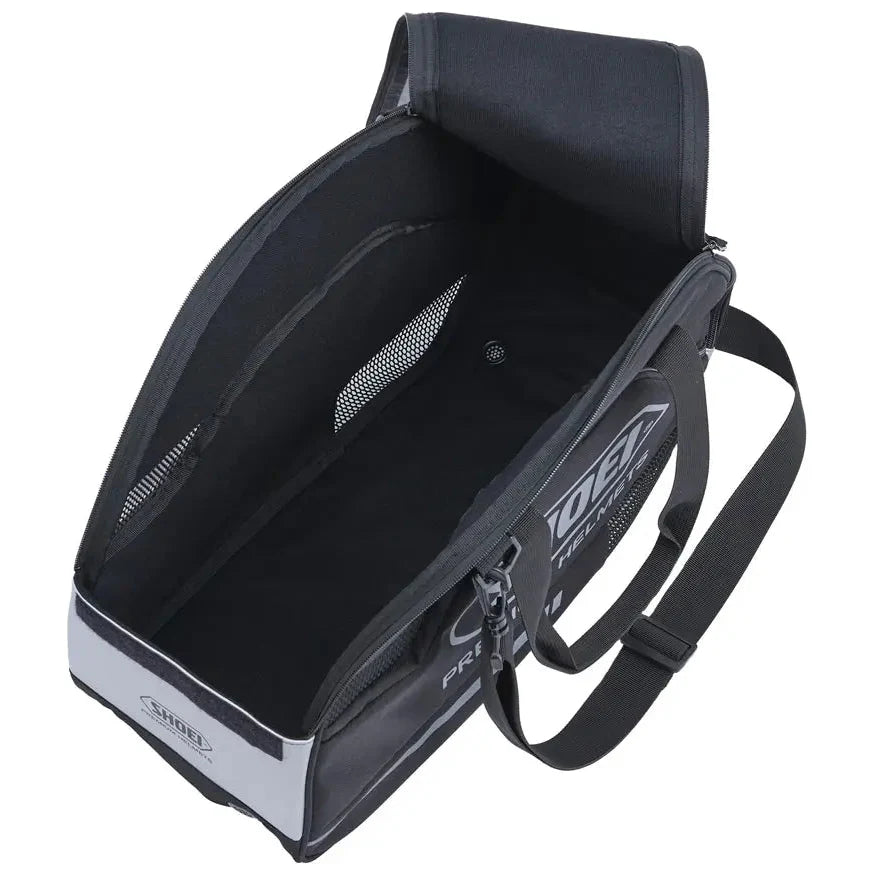 Shoei Racing Helmet Carry Bag 5 Black / Silver, open interior view on white
