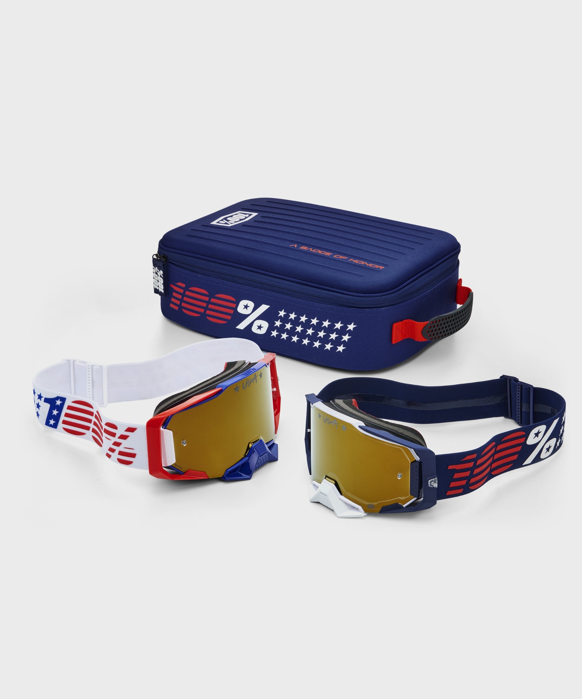 100% Dual Armega Patriot Goggle Racer Pro Pack White / Navy / True Gold Mirror - FREE UK Shipping, FREE 365 Day Returns | Moto Central
