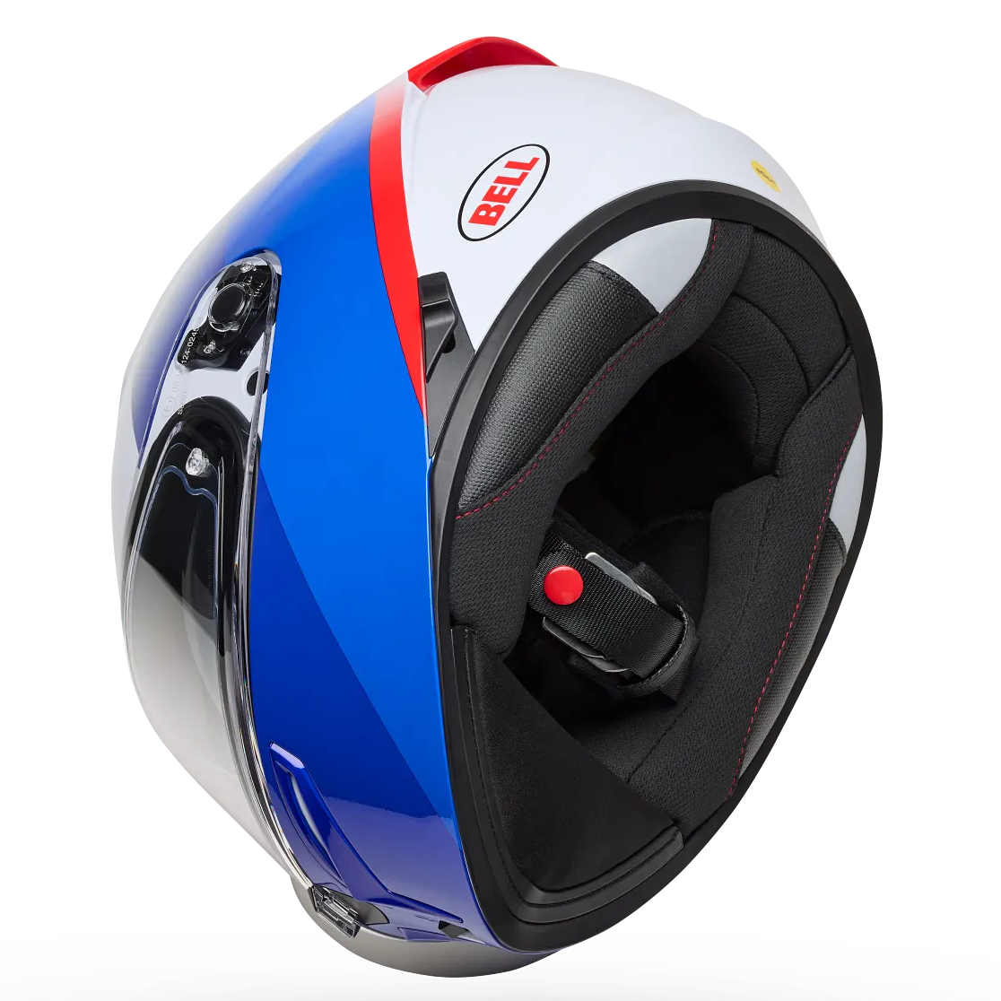 Bell Lithium MIPS Bash ECE 22.06 White / Blue full-face motorcycle helmet, underside view