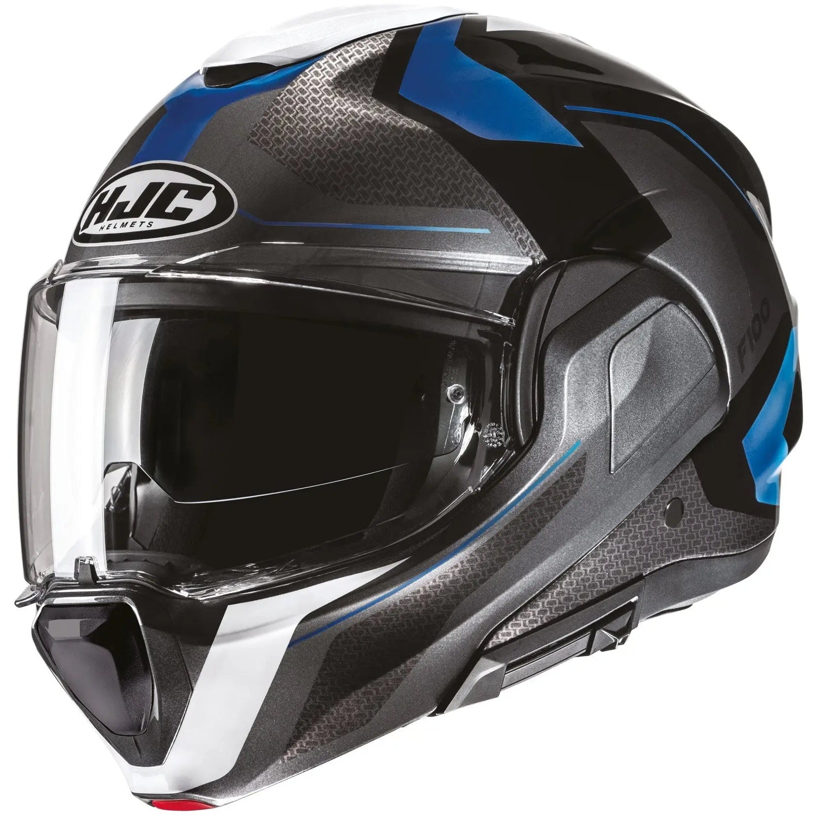 HJC F100 Bios MC2 Blue flip-up motorcycle helmet, front three-quarter view on white background
