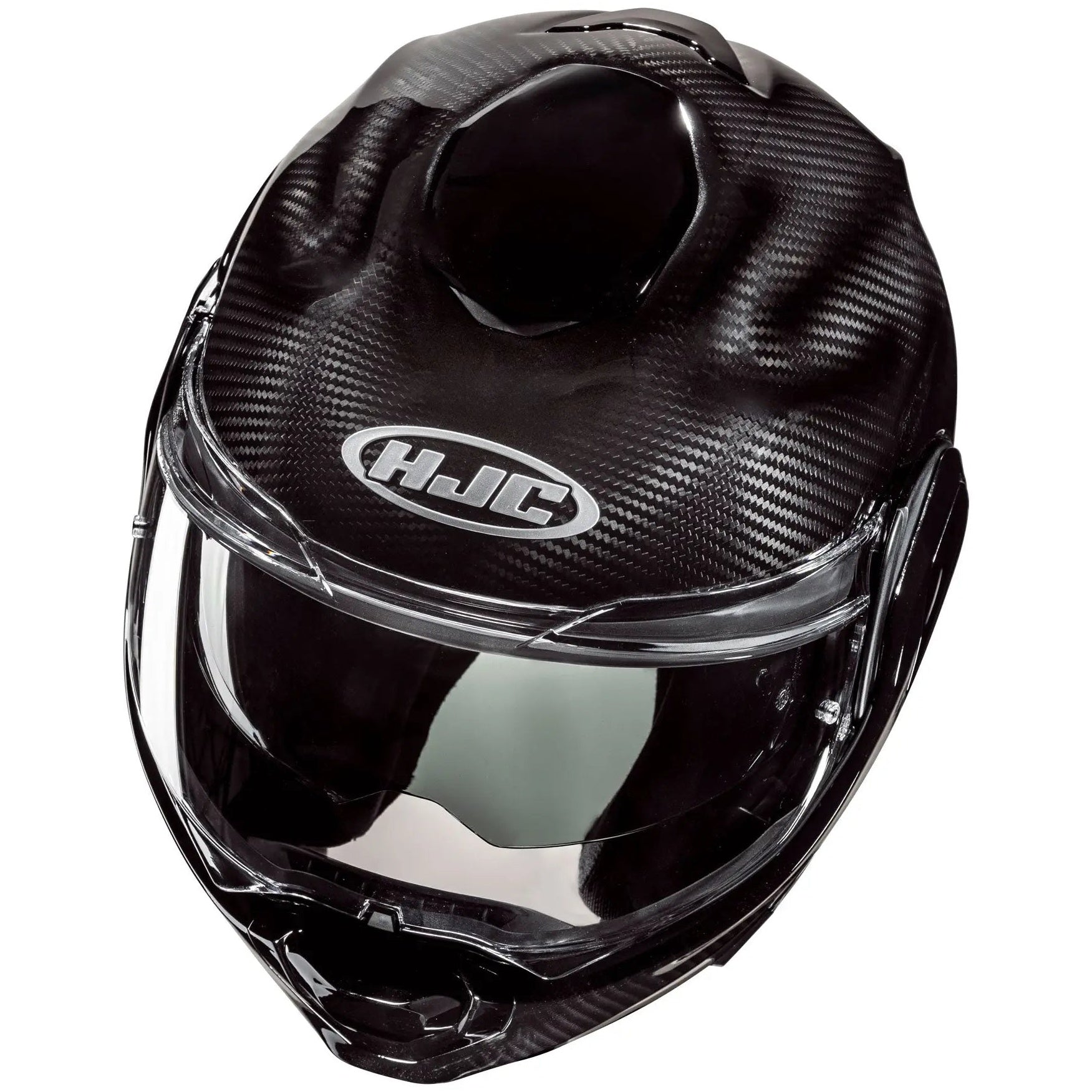 HJC F100 Carbon Black flip-up motorcycle helmet, top-front view on white background