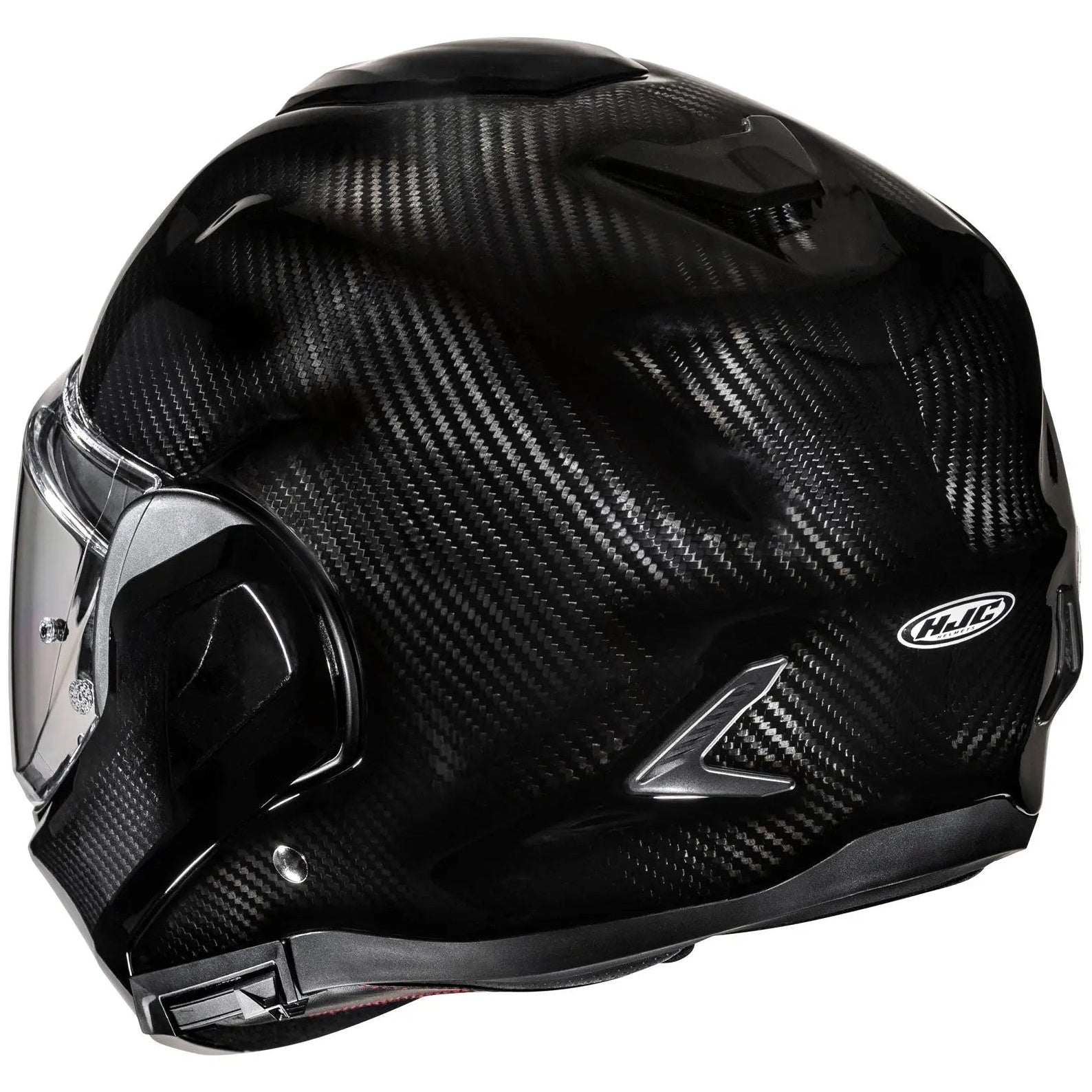 HJC F100 Carbon Black flip-up motorcycle helmet, rear three-quarter view on white background