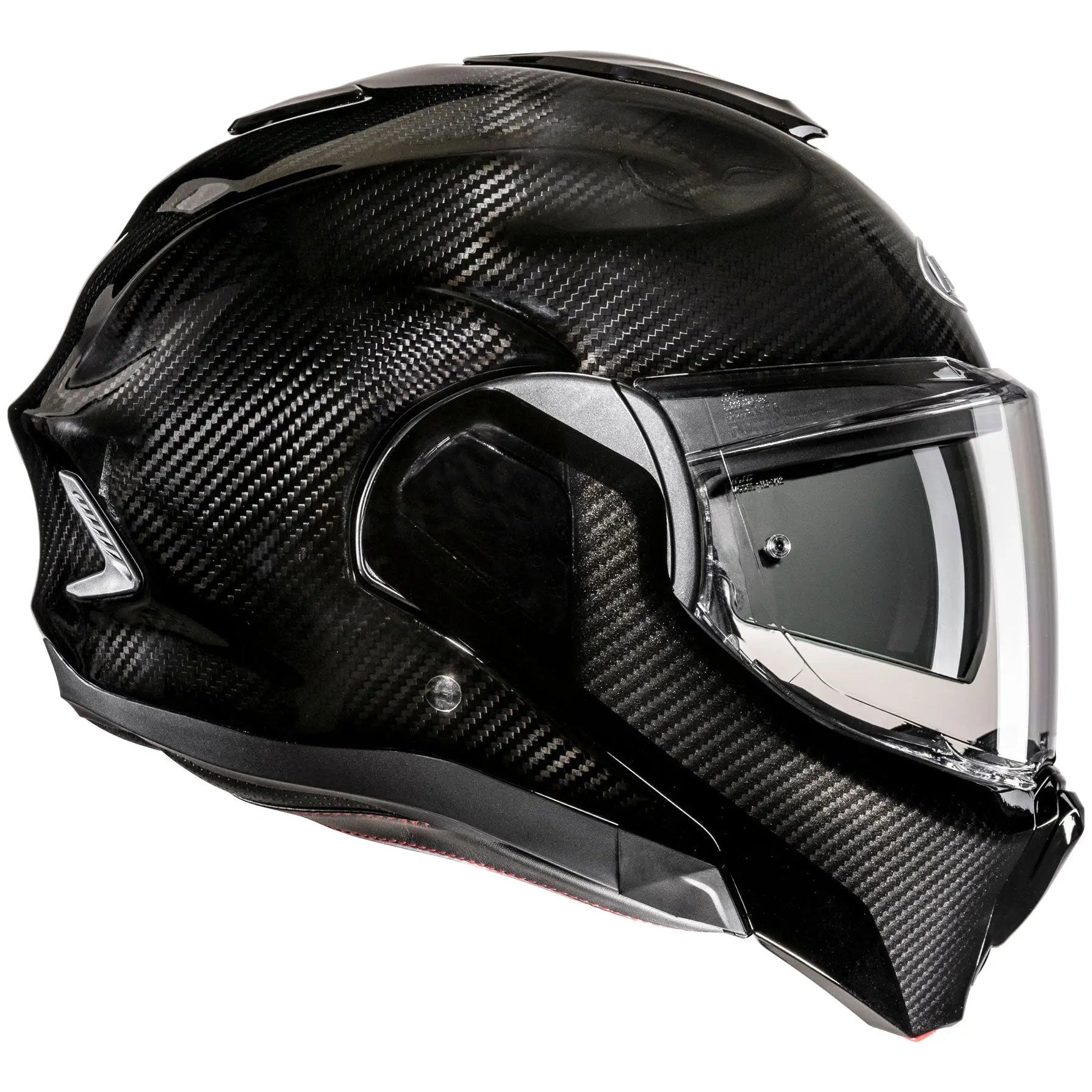HJC F100 Carbon Black flip-up motorcycle helmet, right side view on white background