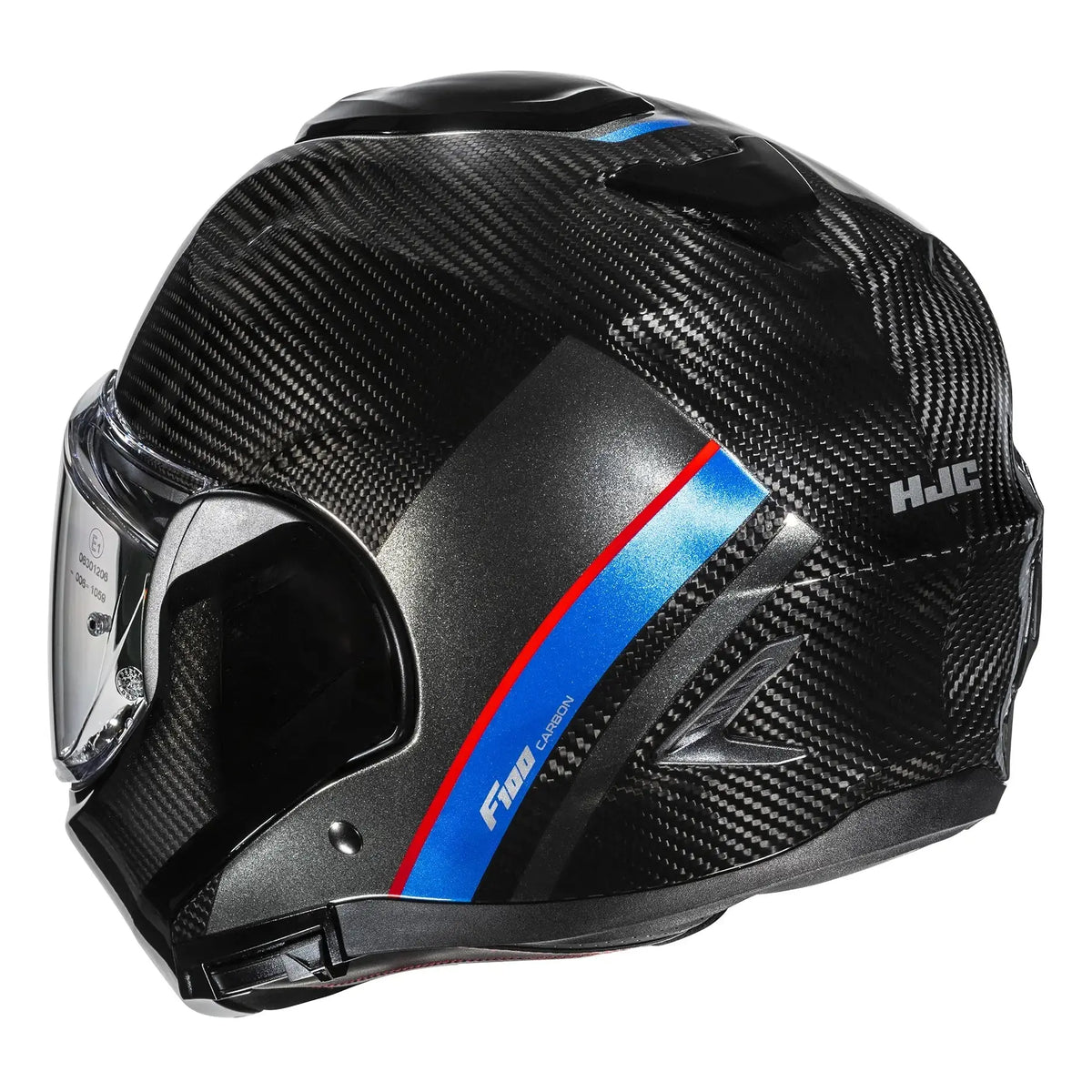 HJC F100 Carbon Stan MC21 White / Blue / Red flip-up motorcycle helmet, rear three-quarter view on white background