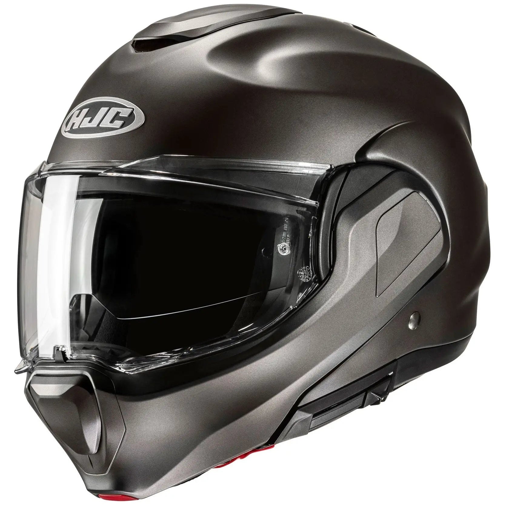 HJC F100 Semi Flat Titanium flip-up motorcycle helmet, front three-quarter view on white background
