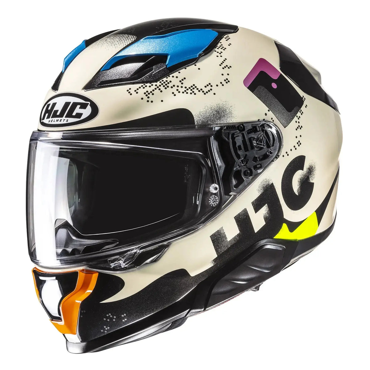 HJC F71 Faco MC28 Blue / Purple / White full-face motorcycle helmet, front-left view on white background