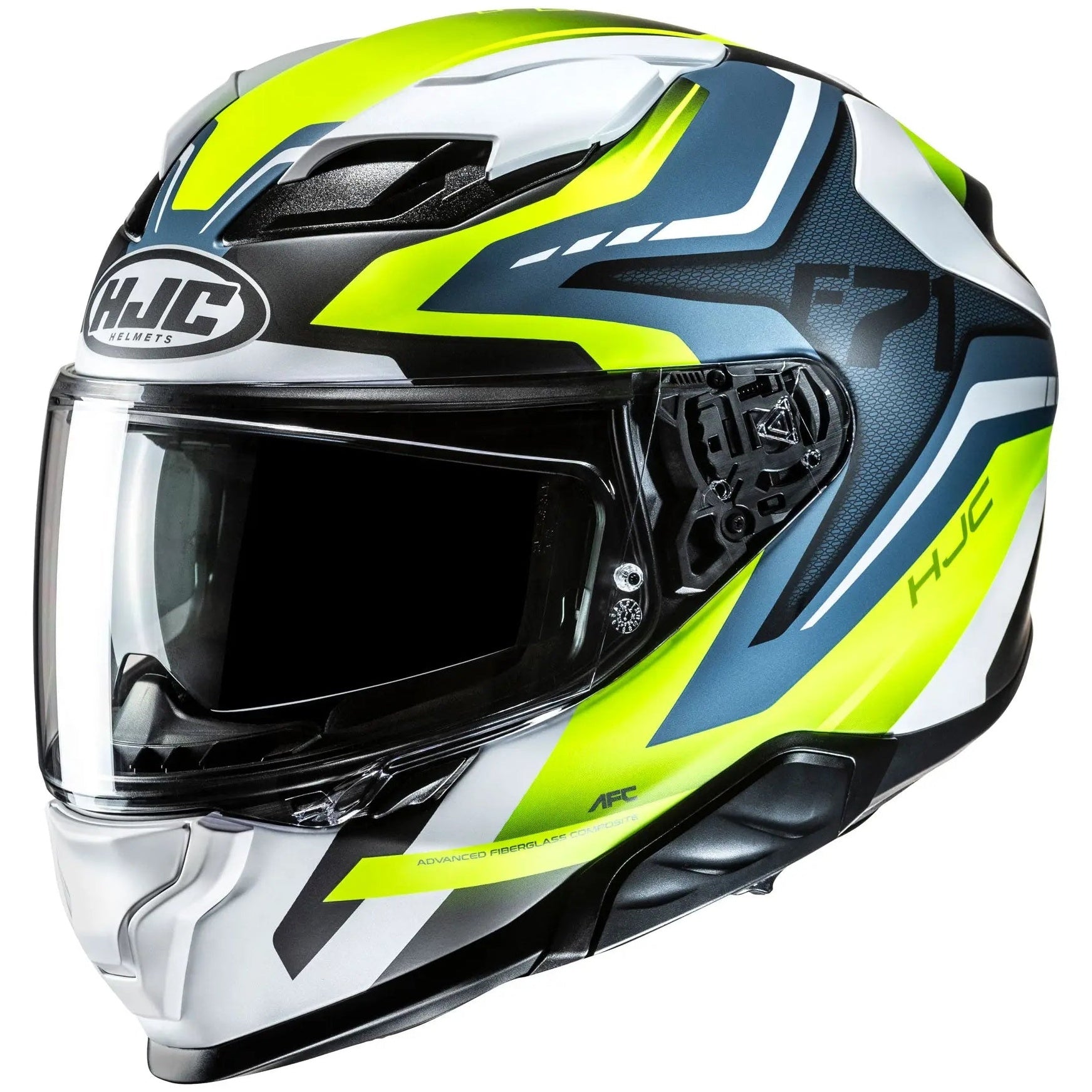 HJC F71 FES MC3HSF Yellow Full Face Motorcycle Helmet, front-left view on white background