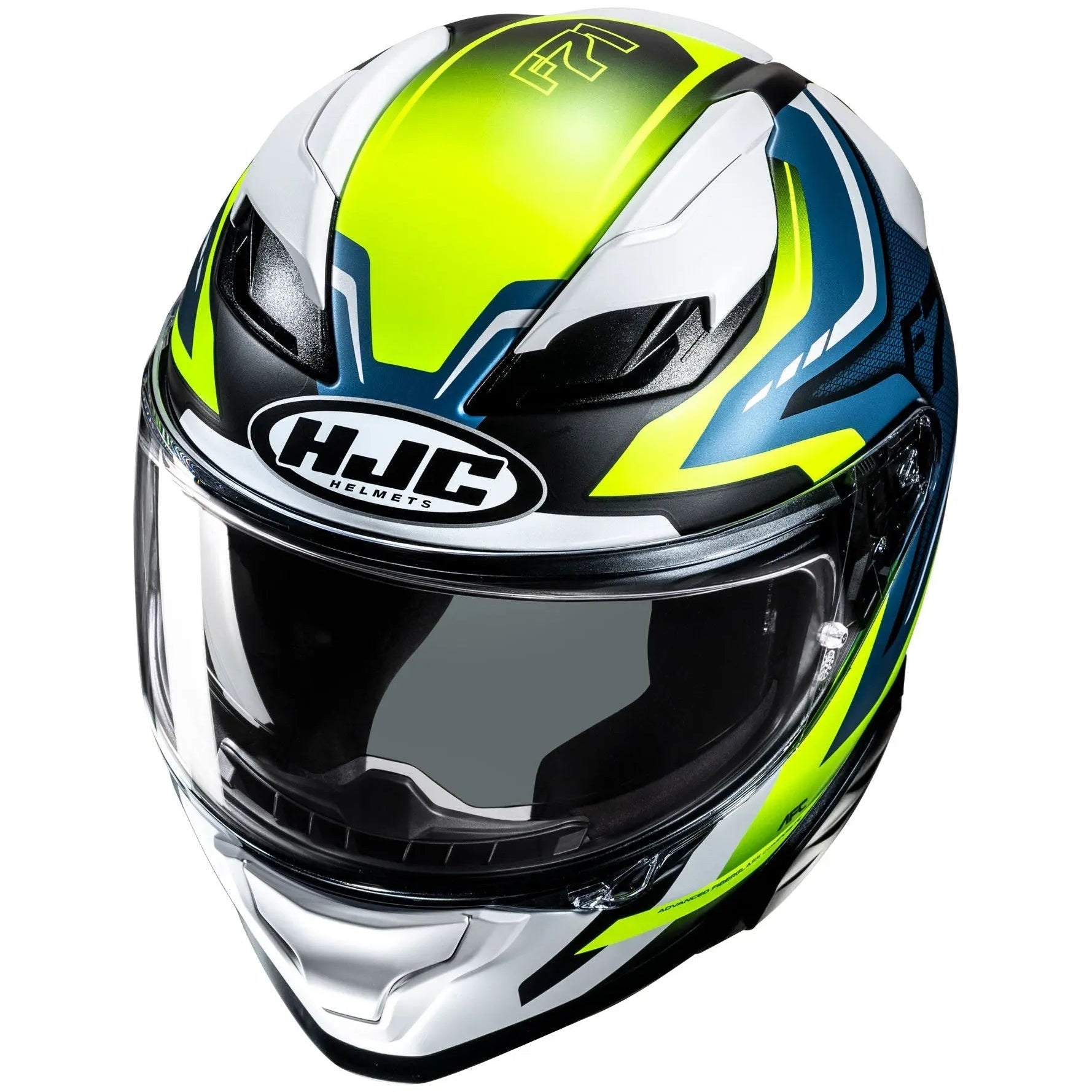 HJC F71 FES MC3HSF Yellow Full Face Motorcycle Helmet, upper-front view on white background