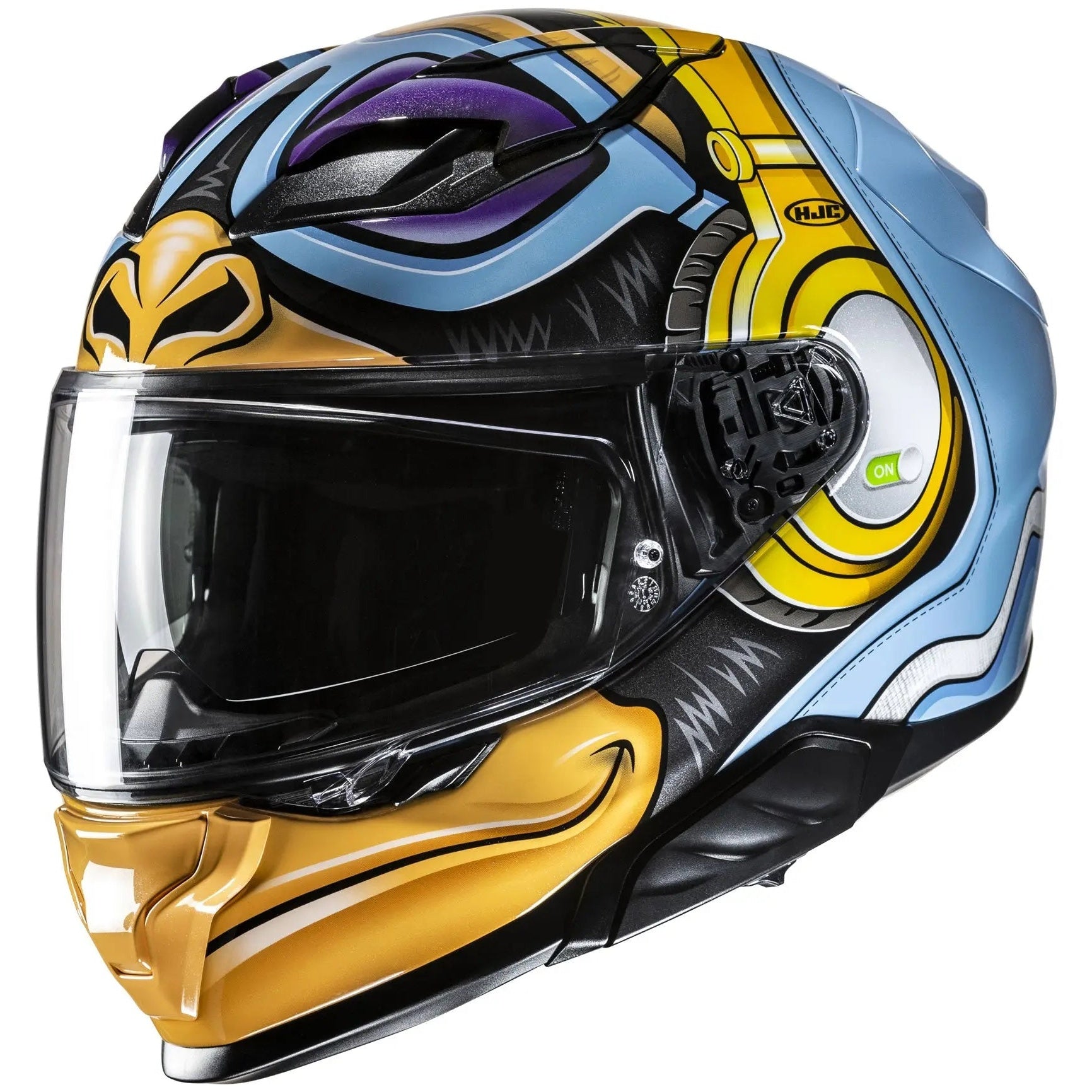 HJC F71 MONKEY DJ MC23 Blue / White / Fluo Yellow Full Face Motorcycle Helmet, front-left view on white background