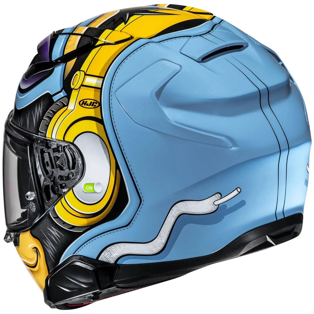 HJC F71 MONKEY DJ MC23 Blue / White / Fluo Yellow Full Face Motorcycle Helmet, rear-right view on white background