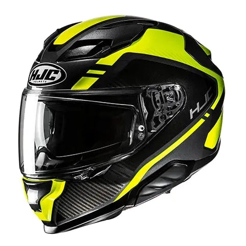 HJC F71 Tozz MC3H Yellow full-face motorcycle helmet, front-left view on white background