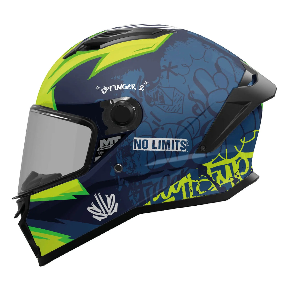 MT Helmets Stinger 2 Tagger C3 Matt Blue / Fluo Yellow motorcycle helmet, side profile