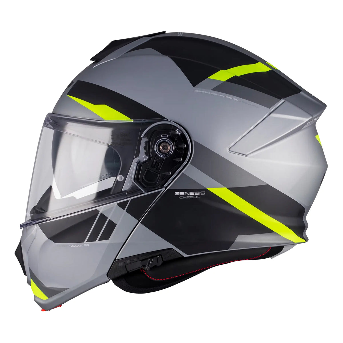 MT Helmets Genesis R Cheeky C3 Matt Grey / Fluo Yellow, side profile with chin bar closed