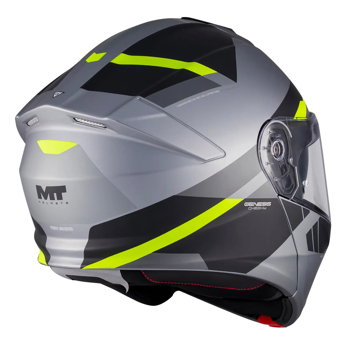 MT Helmets Genesis R Cheeky C3 Matt Grey / Fluo Yellow, rear three-quarter view