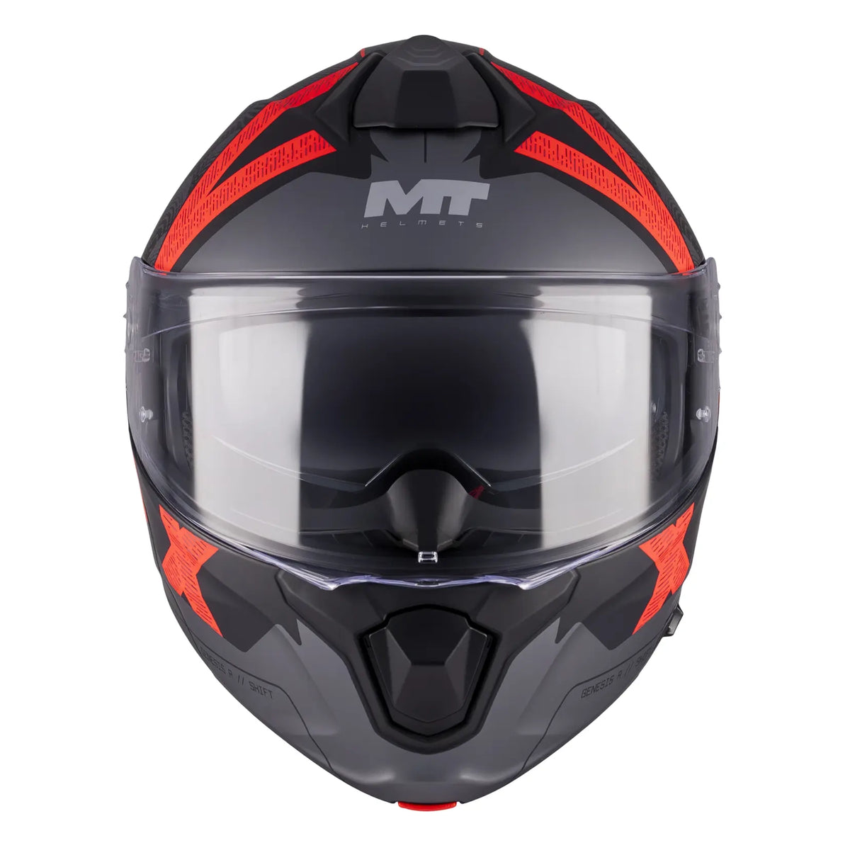 MT Helmets Genesis R Shift B15 Matt Black / Red modular motorcycle helmet, front view