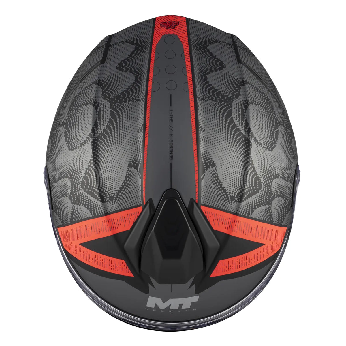 MT Helmets Genesis R Shift B15 Matt Black / Red modular motorcycle helmet, top view