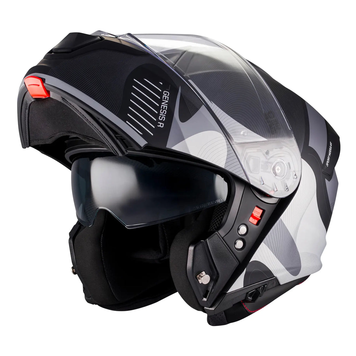 MT Helmets Genesis R Lancer B12 Matt Black / Grey, side view with chin bar raised